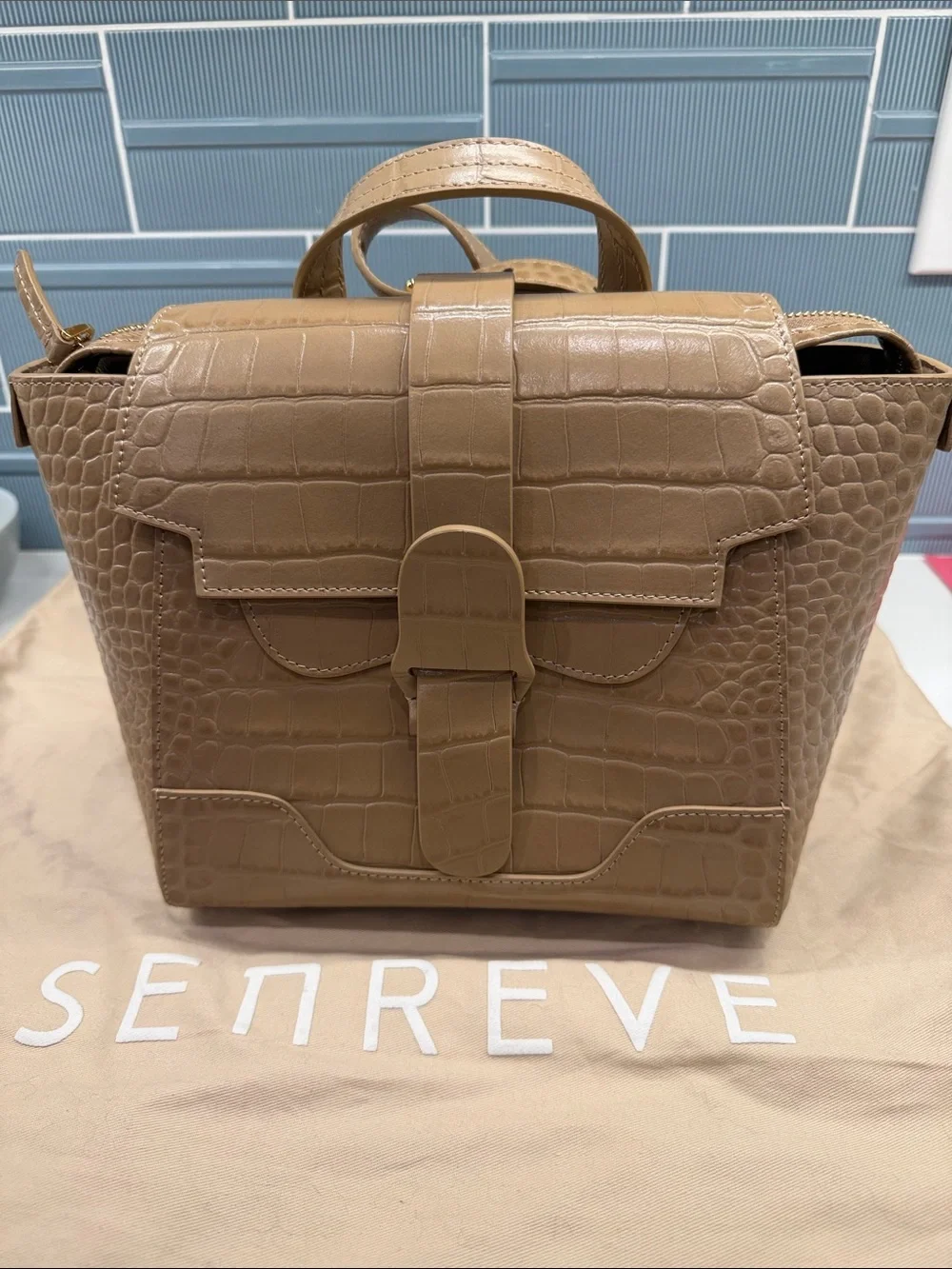 Senreve Croc-Embossed Leather Satchel in Tan
